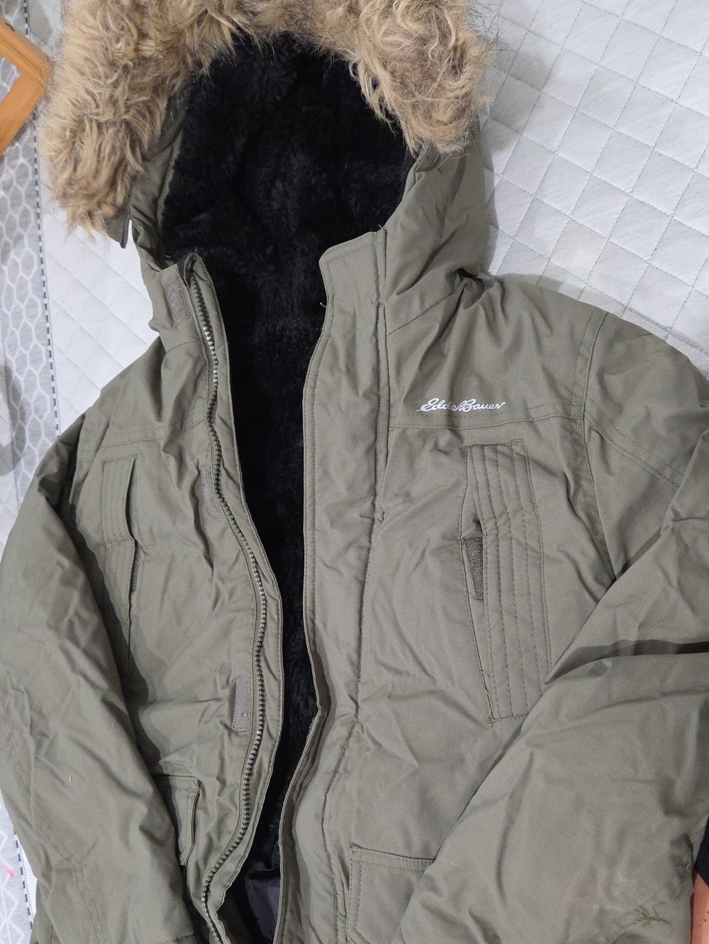 Eddie Bauer Olive Green Hooded Kids Puffer Parka with Faux Fur Trim